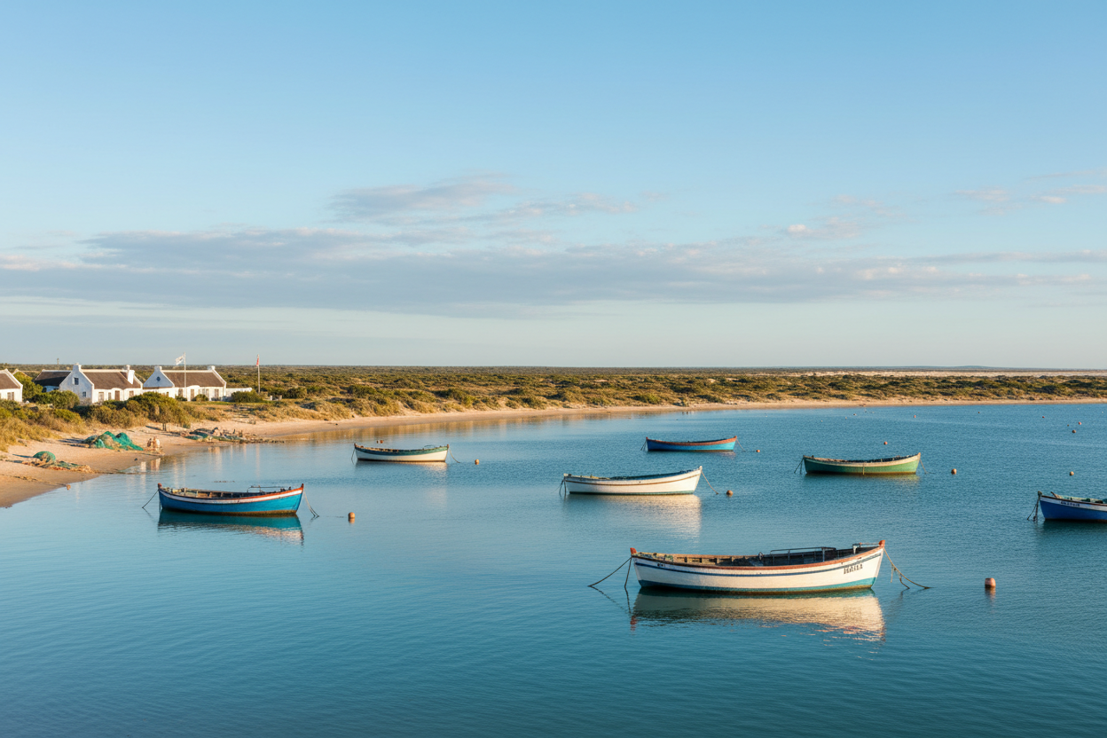 Langebaan lagoon with fishing boats on a summer day